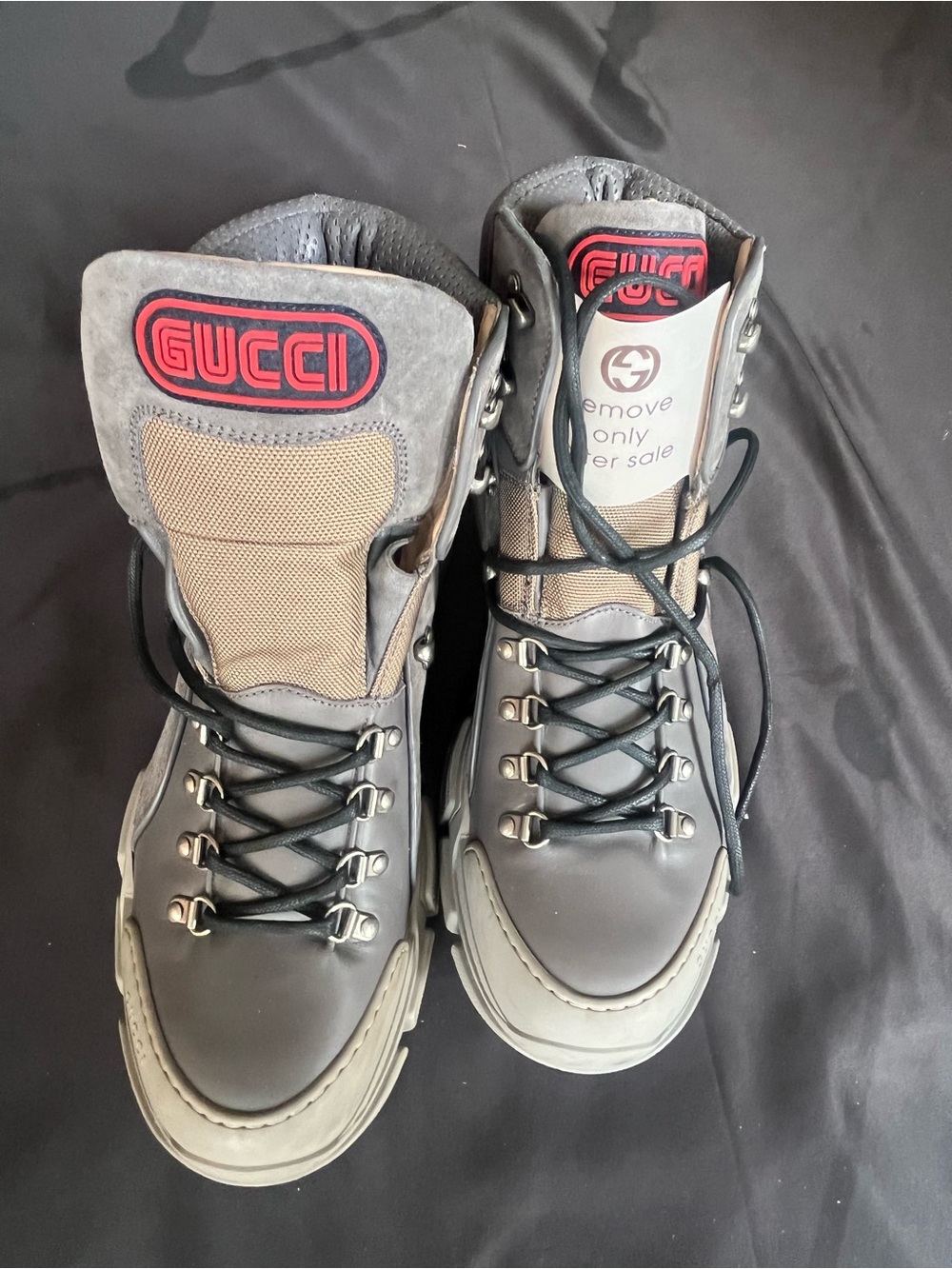 Gucci Men's Gray and Tan High-Top Hiking Boots with Red Logo